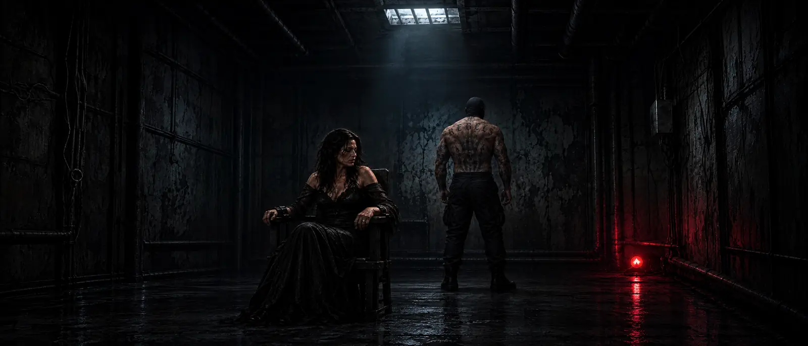 Wide still of the masked figure in a dark interior