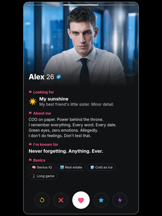 Alex Volkov dating-profile card, about me