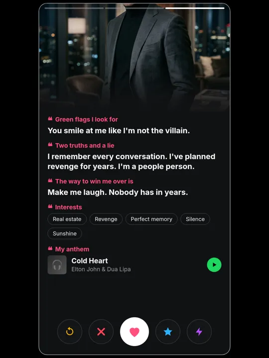 Alex Volkov dating-profile card, more about me
