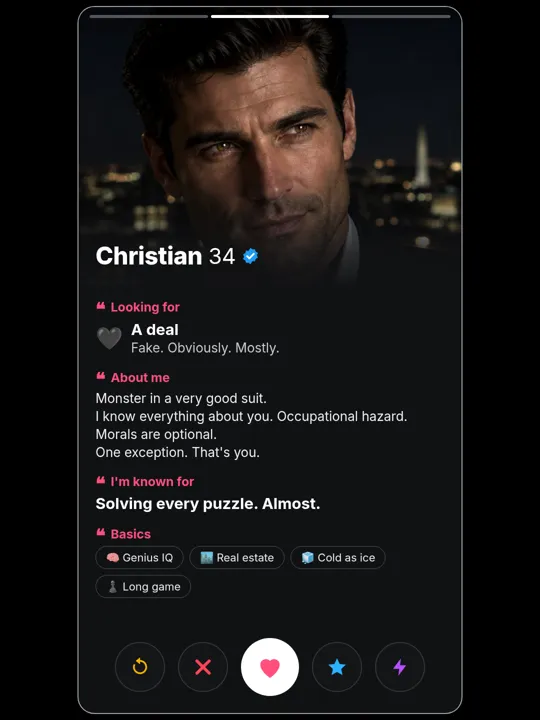 Christian Harper dating-profile card, about me