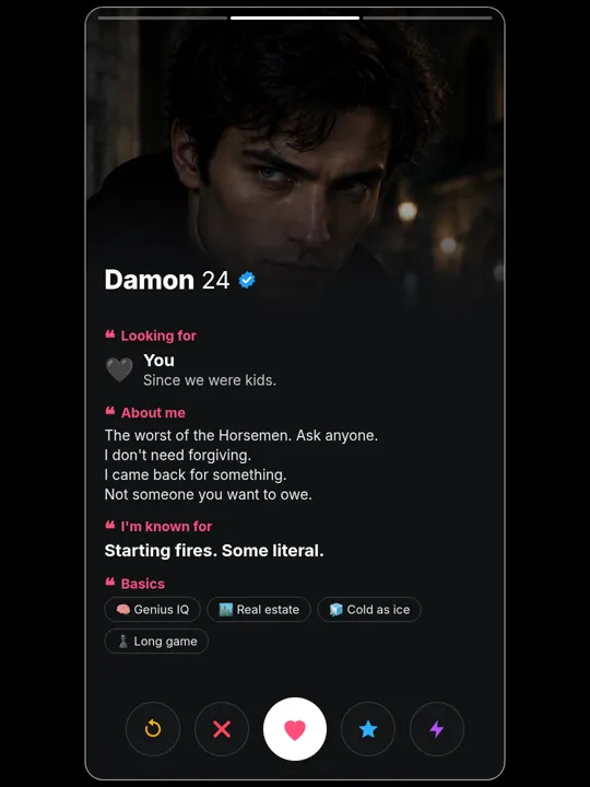 Damon Torrance dating-profile card, about me