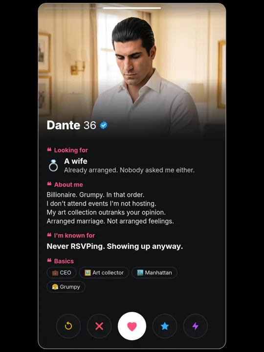 Dante Russo dating-profile card, about me