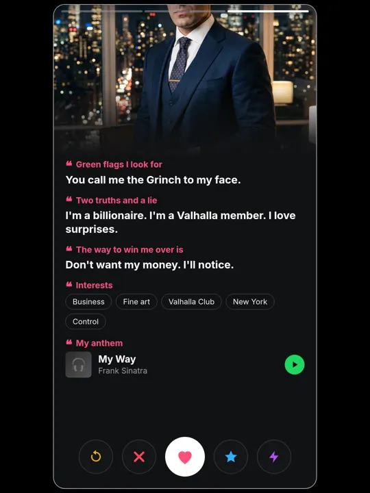Dante Russo dating-profile card, more about me