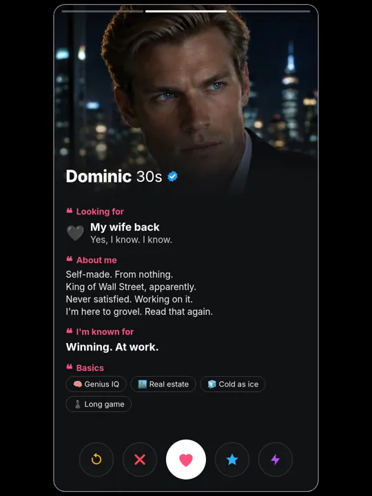 Dominic Davenport dating-profile card, about me