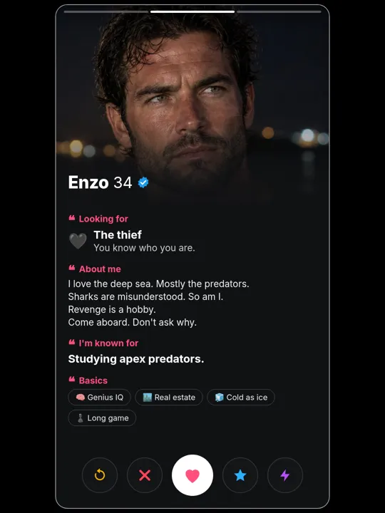 Enzo Vitale dating-profile card, about me