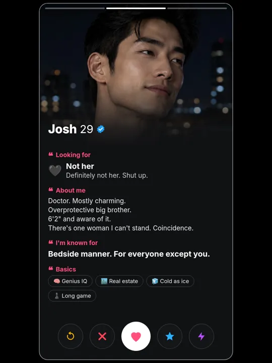 Josh Chen dating-profile card, about me