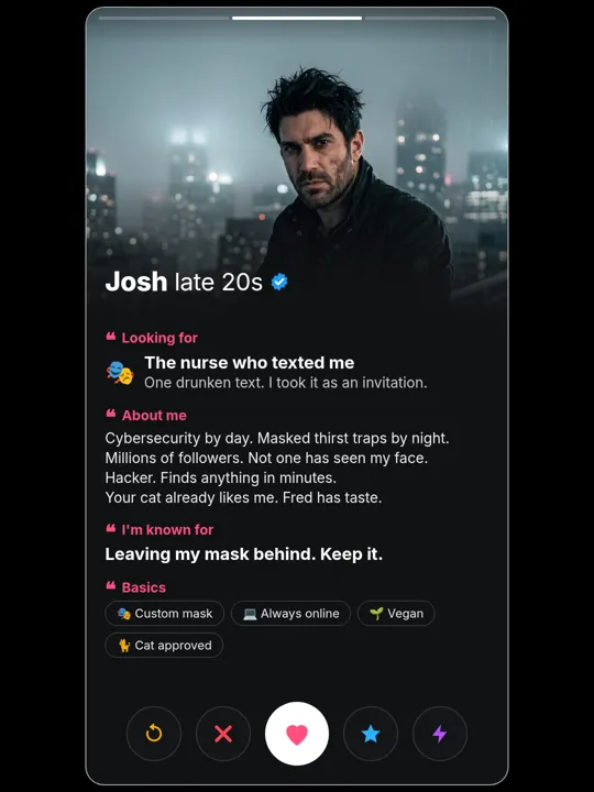 Josh Hammond dating-profile card, about me