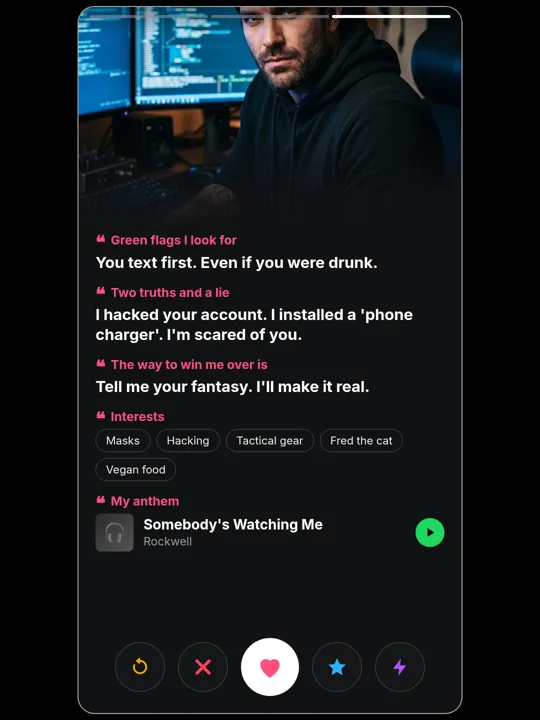 Josh Hammond dating-profile card, more about me