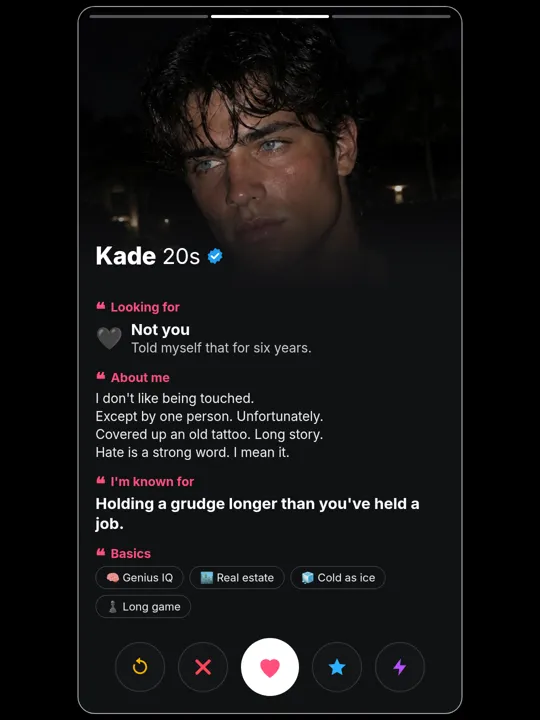 Kade Mitchell dating-profile card, about me