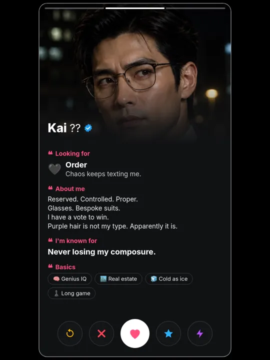 Kai Young dating-profile card, about me
