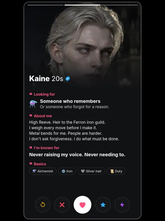 Kaine Ferron dating-profile card, about me