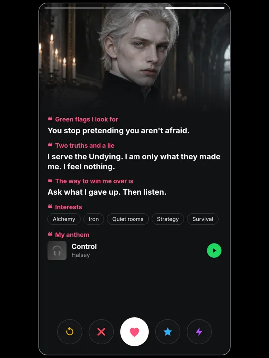 Kaine Ferron dating-profile card, more about me