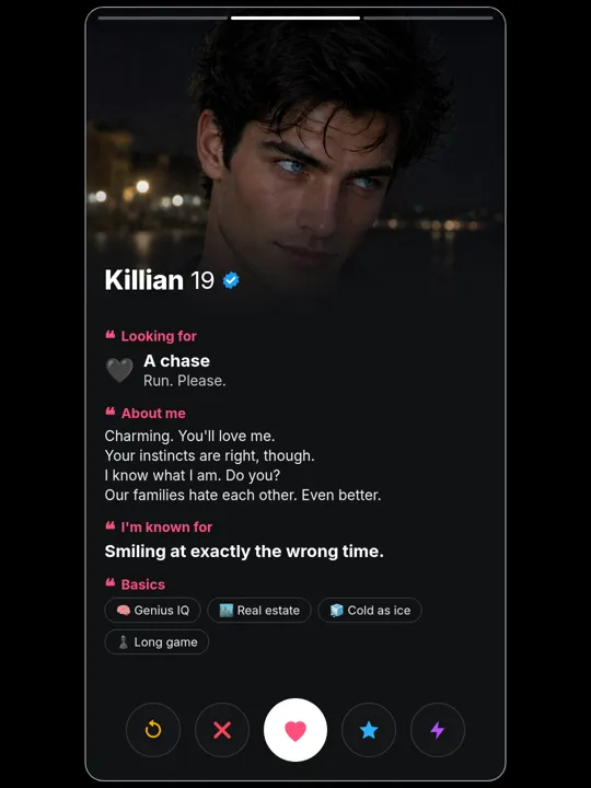 Killian Carson dating-profile card, about me