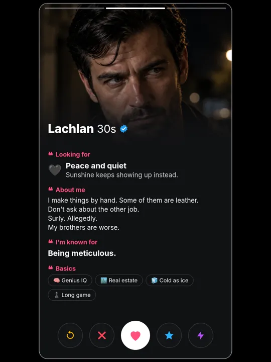 Lachlan Kane dating-profile card, about me