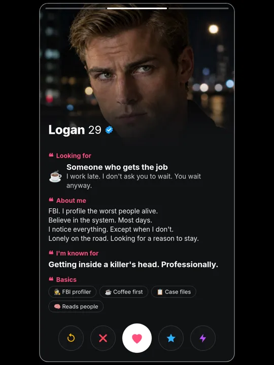 Logan Bennett dating-profile card, about me