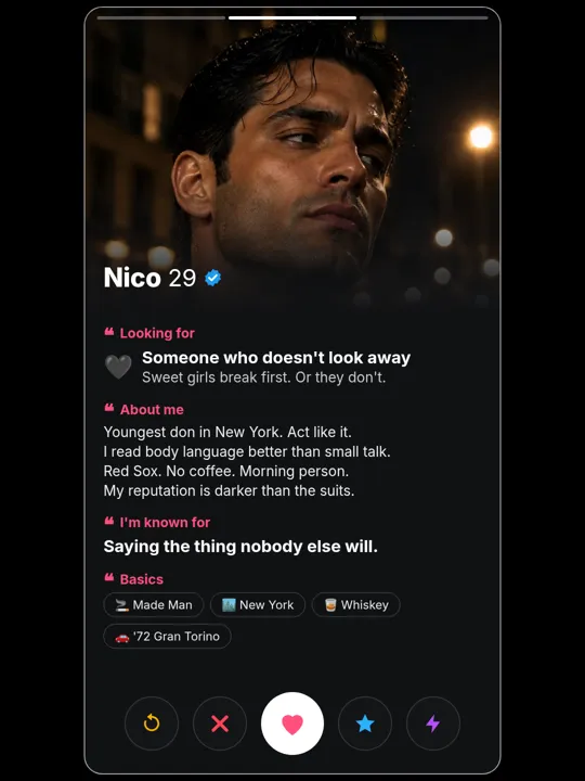 Nico Russo dating-profile card, about me