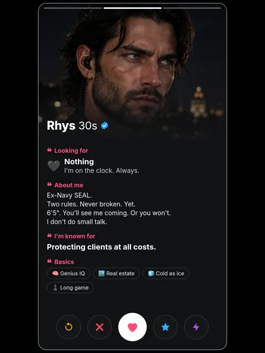 Rhys Larsen dating-profile card, about me