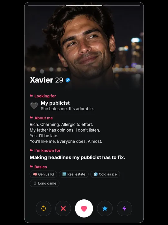 Xavier Castillo dating-profile card, about me