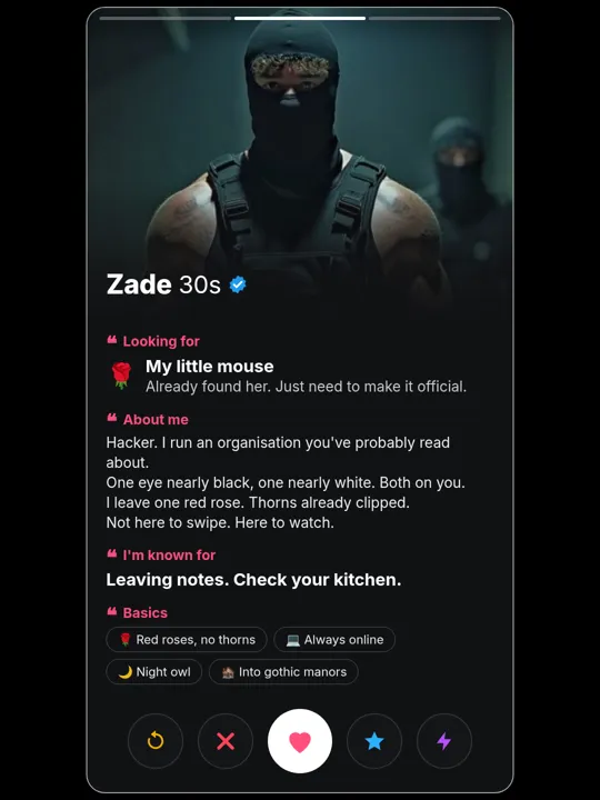 Zade Meadows dating-profile card, about me