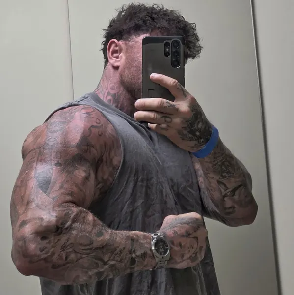Zade, face hidden. Mirror selfie, phone over face, grey vest.