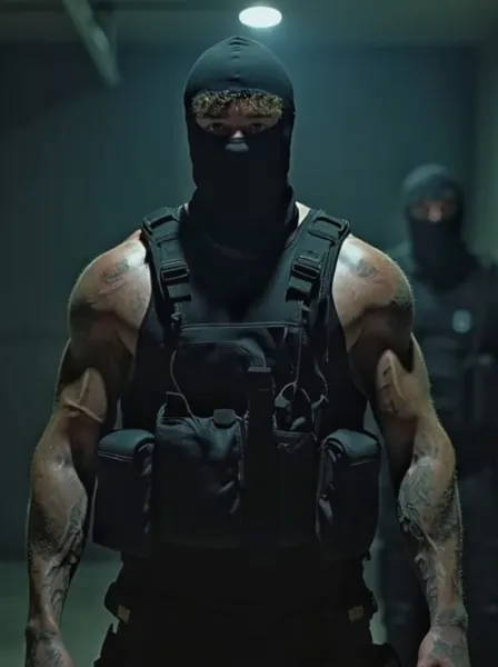 Zade, black balaclava. Tactical vest in teal light, second masked figure behind.